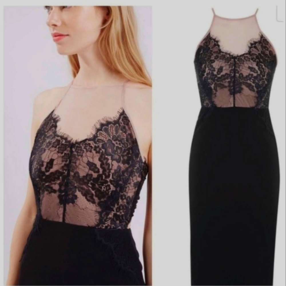 NWT Topshop Black Lace and Nude Illusion Racerback Midi Cocktail Dress